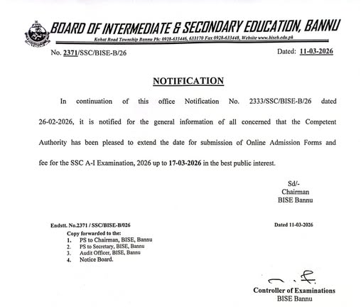 BISE Bannu Matric Annual Exams 2026 Revised Forms Schedule