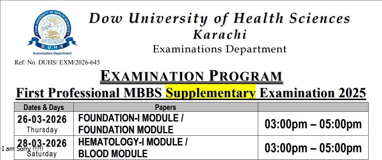 DUHS Date Sheet 2026 Released for 1st Professional MBBS Supplementary Exams