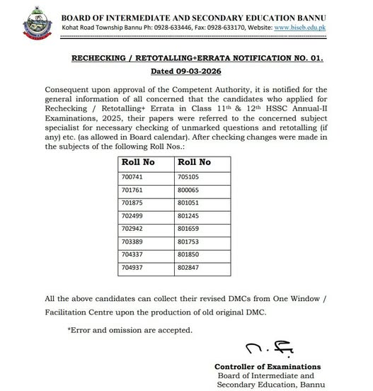 BISE Bannu HSSC 2nd Annual Exams 2025 Re-Totaling Result