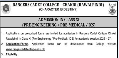 Rangers Cadet College 11th Class Admissions Open 2026