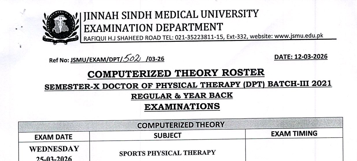 JSMU Time Table 2026 Released for DPT Semester X Batch III Exams