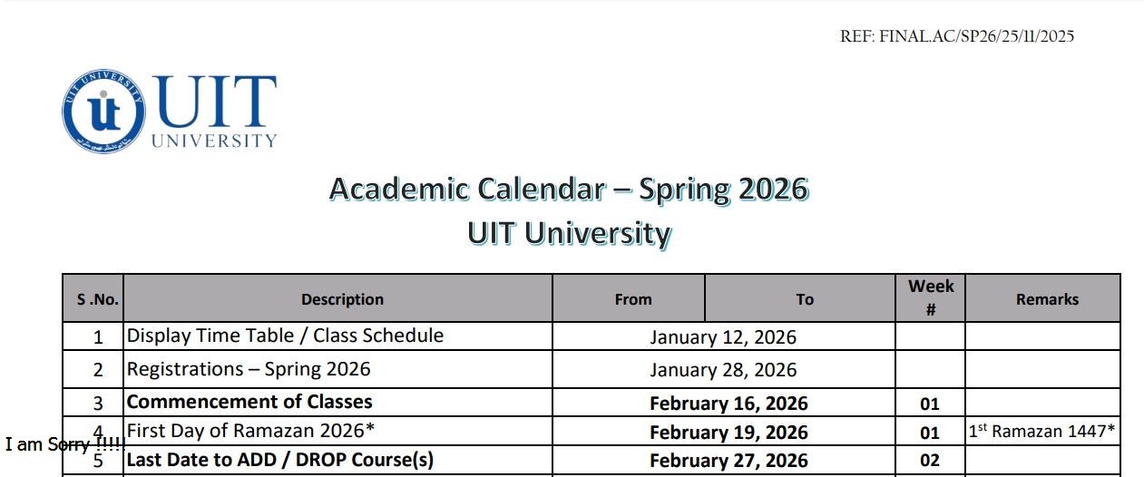 UIT Academic Calendar Spring 2026 Announced