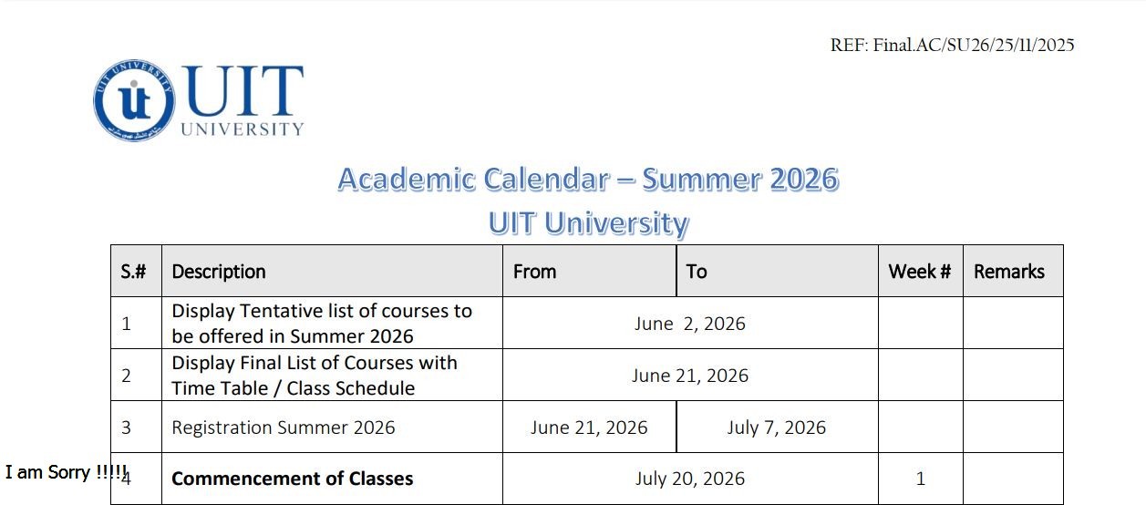 UIT Academic Calendar 2026 Released for Summer Semester Schedule