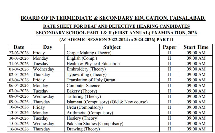 BISE Faisalabad Matric Deaf 1st Annual Exams Date Sheet 2026