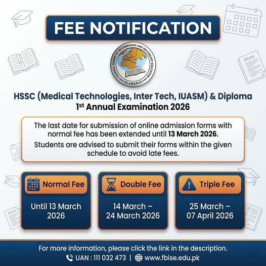 FBISE HSSC 1st Annual Exam 2026 Admission Fee Schedule FBISE HSSC 1st Annual Exam 2026 Admission Fee Schedule