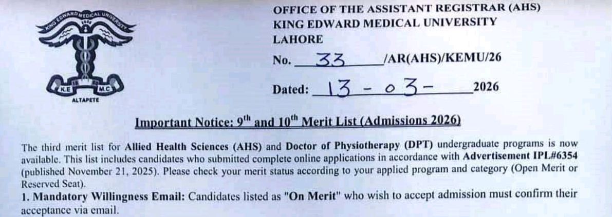 KEMU Merit List Instructions Notice 2026 for AHS & DPT Programs