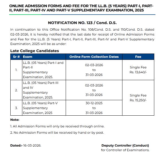 PU LLB Supply Exam 2025 Fee Structure and Deadline 2026 Result.pk