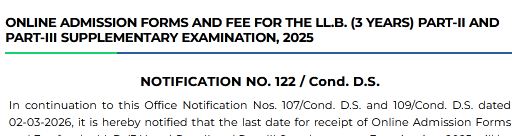 Punjab University LLB 3 Year Supply Form and Fee Deadline 2026