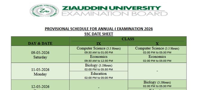 ZUEB 9th and 10th Class Date Sheet 2026