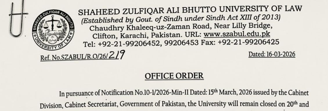 SZABUL Announces Eid ul Fitr Holidays 2026 Notice