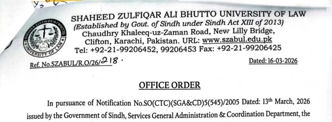 SZABUL Karachi Announces University Closure for Pakistan Day 2026