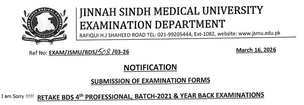 JSMU Exam Form Submission 2026 for BDS 4th Prof Retakes Released