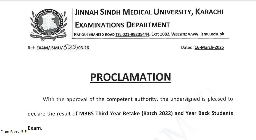JSMU Result 2026 for MBBS Third Year Retake Batch 2022 & YB Students Released