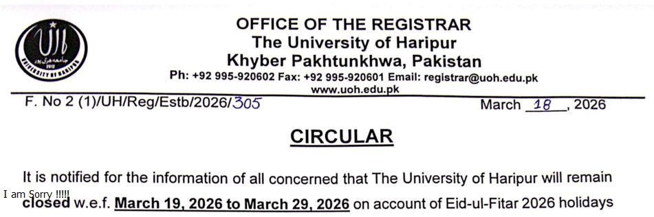 UOH Holidays Notice 2026 Announced for Eid and Spring Break