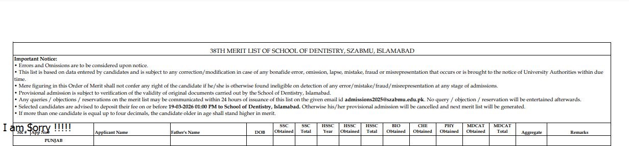 SZABMU 31st and 38th Merit List 2026 for MBBS & BDS Programs Released