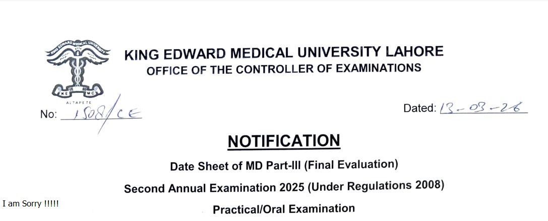 KEMU Date Sheet 2026 Released for MD Part-III Exams