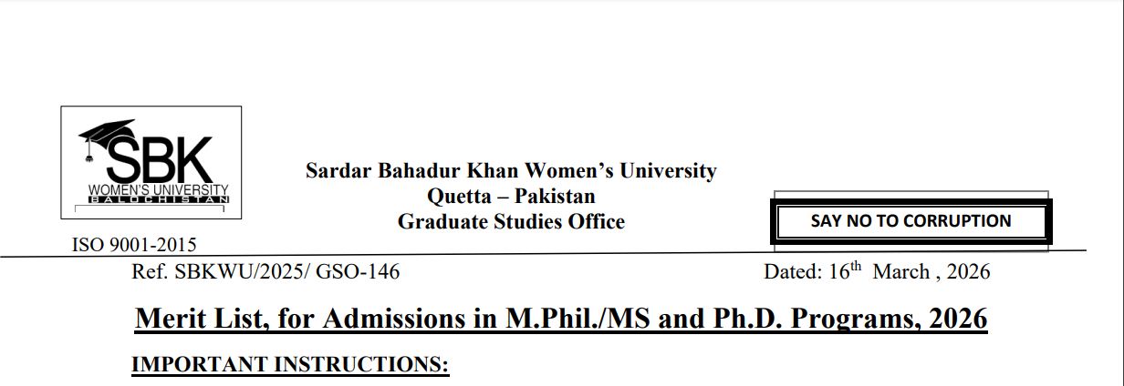 SBKWU Merit List 2026 for MPhil, MS & PhD Programs Announced