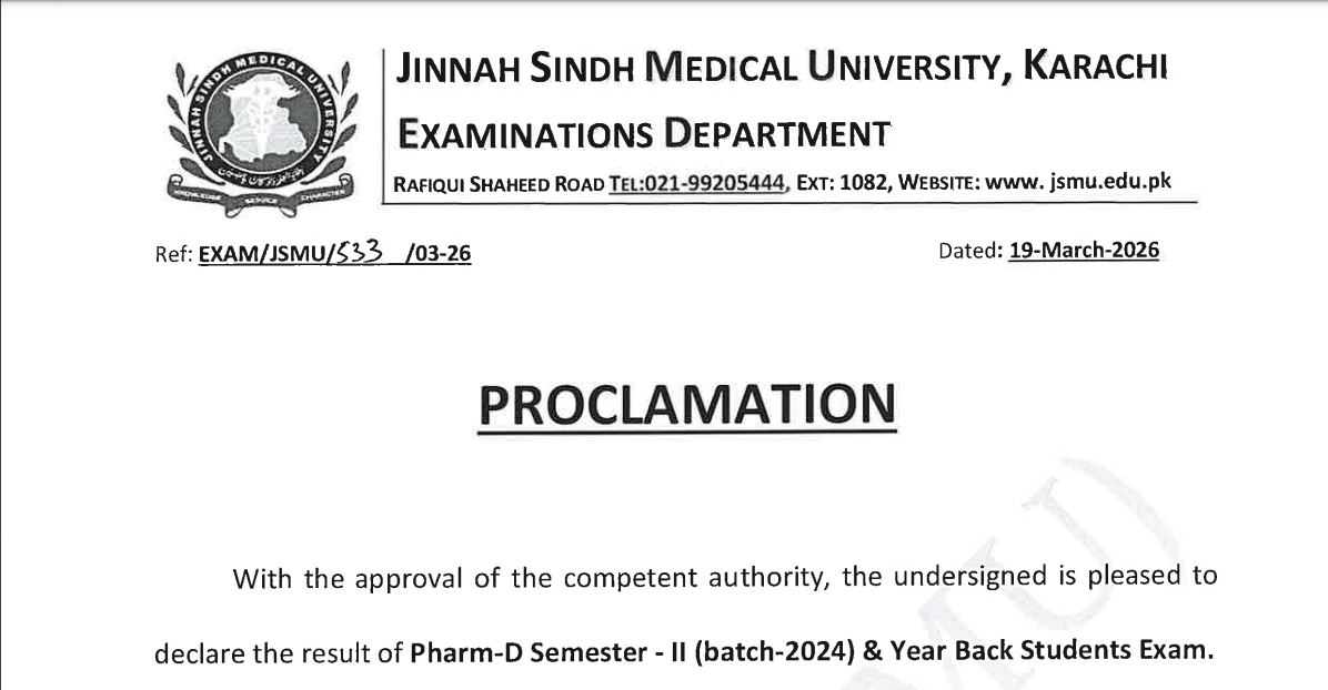 JSMU Result 2026 for Pharm-D Semester II Batch 2024 Announced