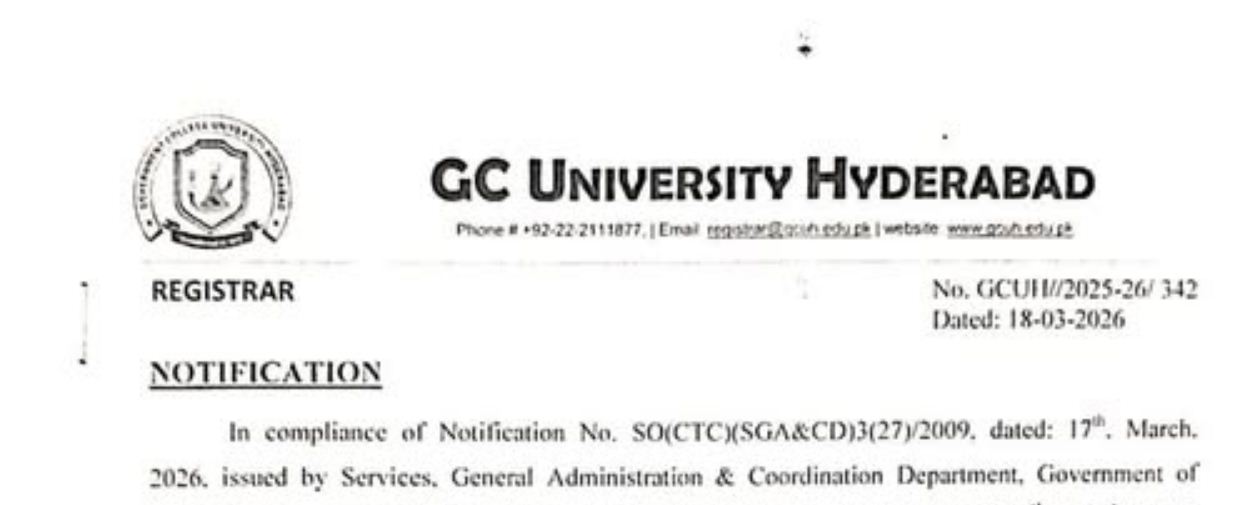 GCUH Issues Holiday Notice 2026 for Eid-ul-Fitr