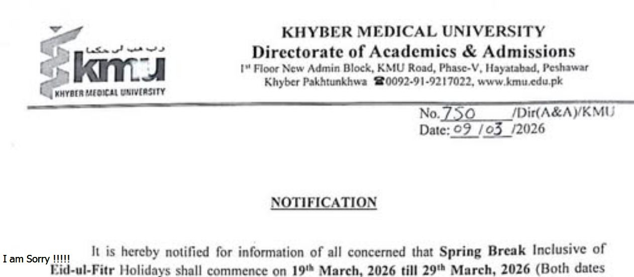 KMU Announces Holiday Notice for Eid Ul Fitr 2026