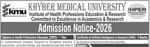 Khyber Medical University IHPER Specialized Admissions 2026