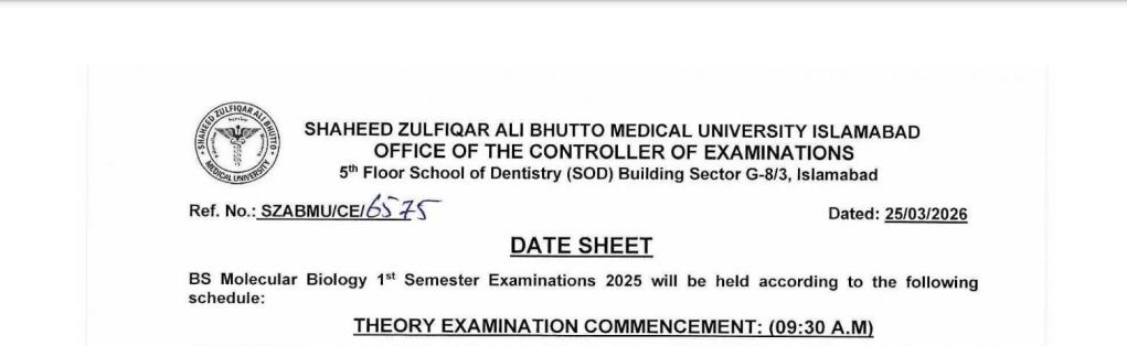 SZABMU Date Sheet 2026 for BS Molecular Biology Exams Released