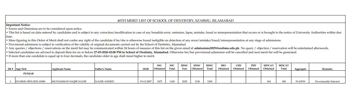 SZABMU 33rd & 40th Merit List 2026 MBBS & BDS Lists Released