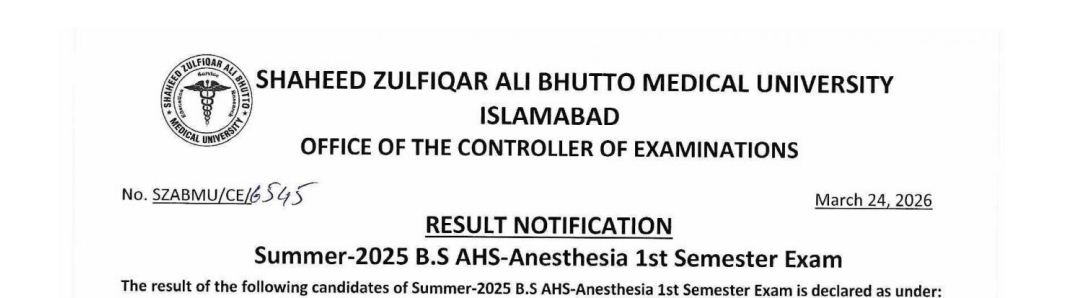 SZABMU Result 2026 for BS AHS Exams Announced