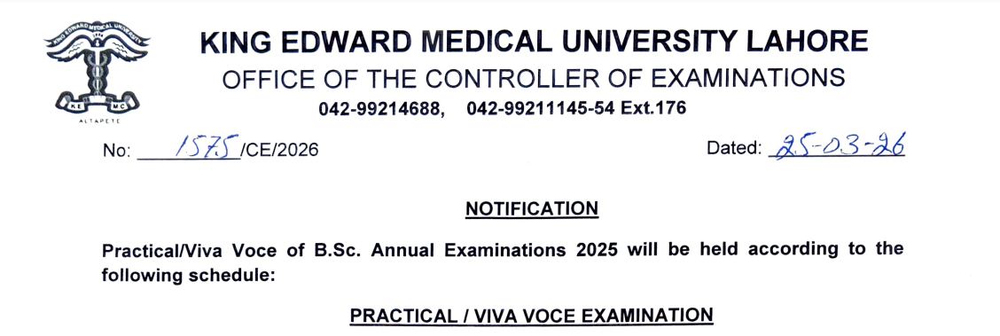 KEMU Announces Date Sheet 2026 for BSc Practical & Viva Voice 2025 Exams