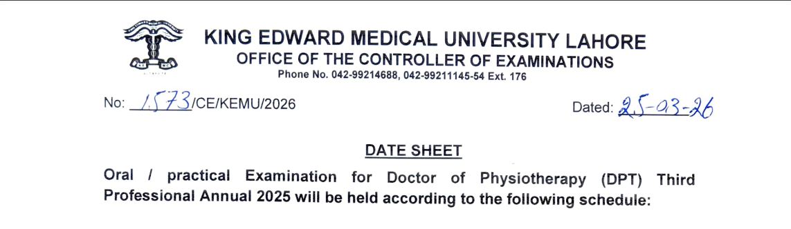 KEMU Releases DPT 3rd Professional Date Sheet 2026 for Oral & Practical Exams