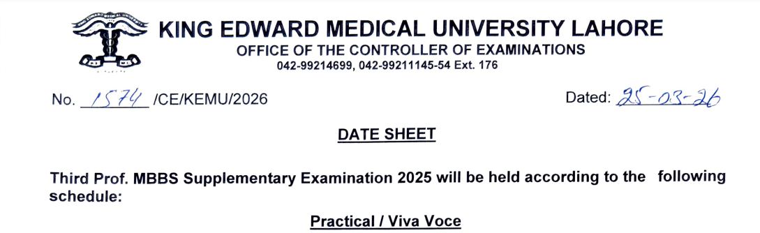 KEMU MBBS 3rd Professional Supplementary Date Sheet 2026 Released