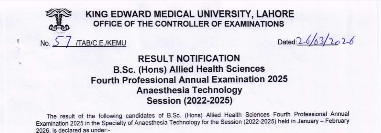 KEMU Result 2026 for BSc Hons AHS Programs Exams Announced