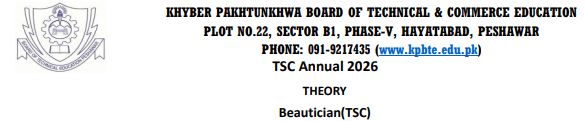 KPBTE Peshawar TSC Annual Exams 2026 Date Sheet