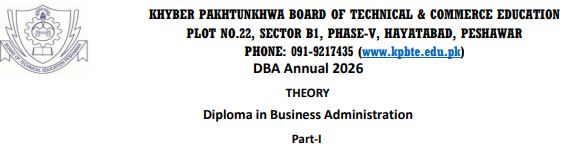 KPBTE Peshawar DBA Annual Exam Date Sheet 2026
