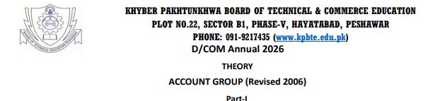 KPBTE Peshawar Issues D Com Annual Exams 2026 Schedule