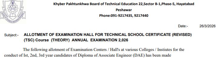 KPBTE Peshawar Allots TSC Revised Exam Centers 2026