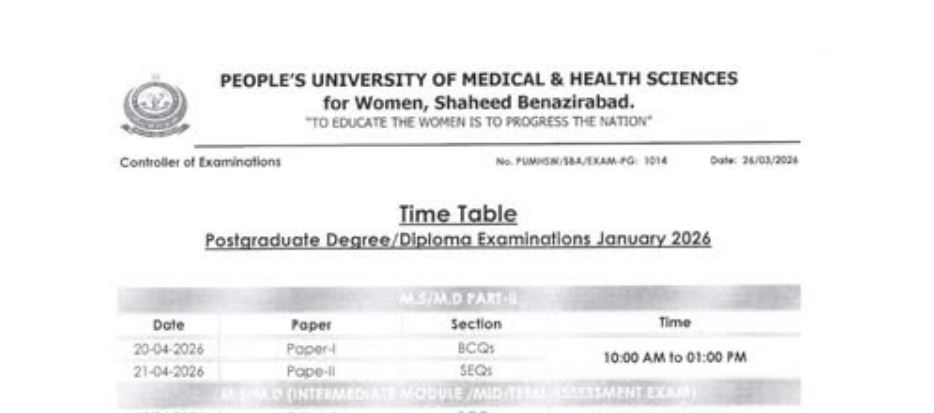 PUMHS Time Table 2026 Released for PG Degree & Diploma Exams
