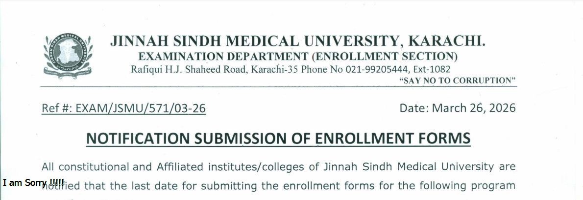 JSMU Enrollment Form Submission Notice 2026 for DPT & BSMT Students