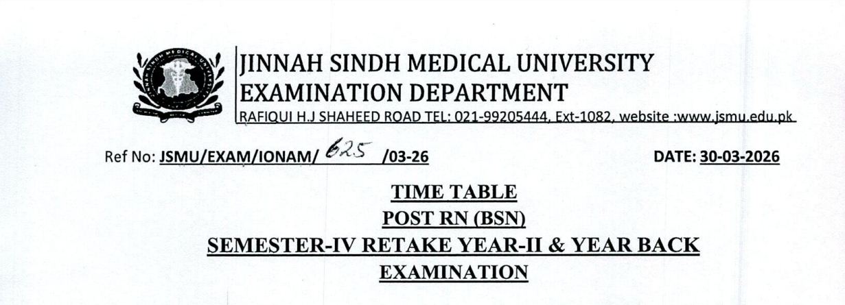 JSMU Date Sheet 2026 for Post RN BSN Semester IV Released