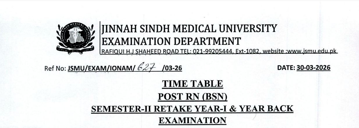 JSMU Exam Calendar 2026 for Post RN BSN Semester II Released