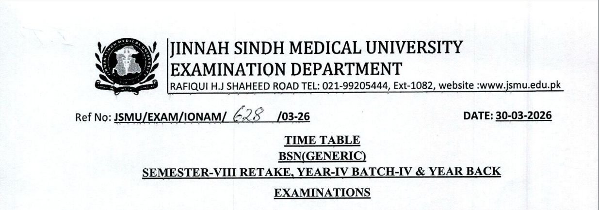 JSMU Exam Schedule 2026 for BSN Generic Semester VIII Released