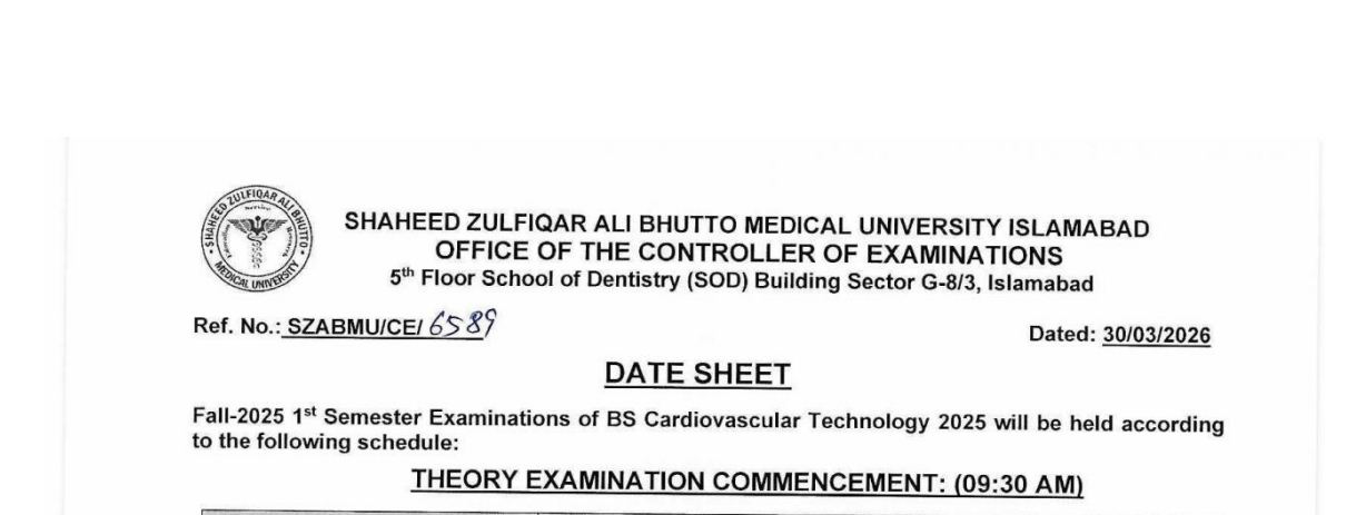 SZABMU Date Sheet 2026 for UG & PG Exams Released