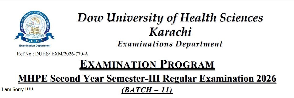 DUHS Exam Time Table for MHPE 2nd Year Semester III Regular Exams 2026 out