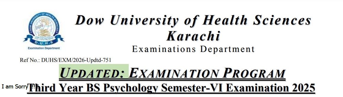 DUHS Time Table 2026 for BS Psychology Semester VI 3rd Year Exams