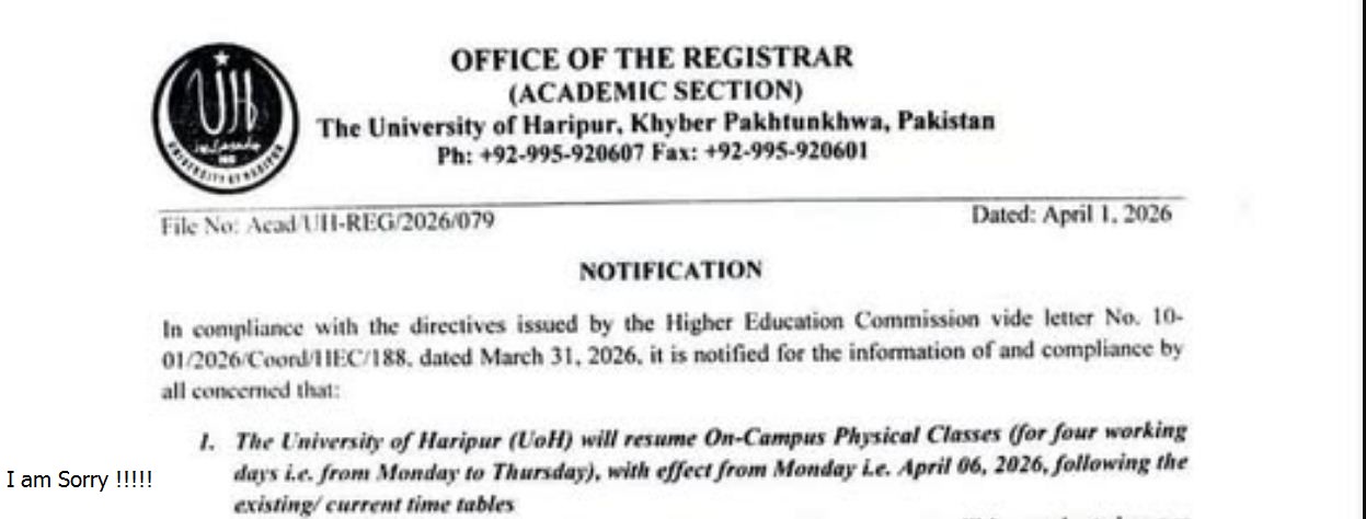 UOH Classes & Exams Commencement Notice 2026 Released