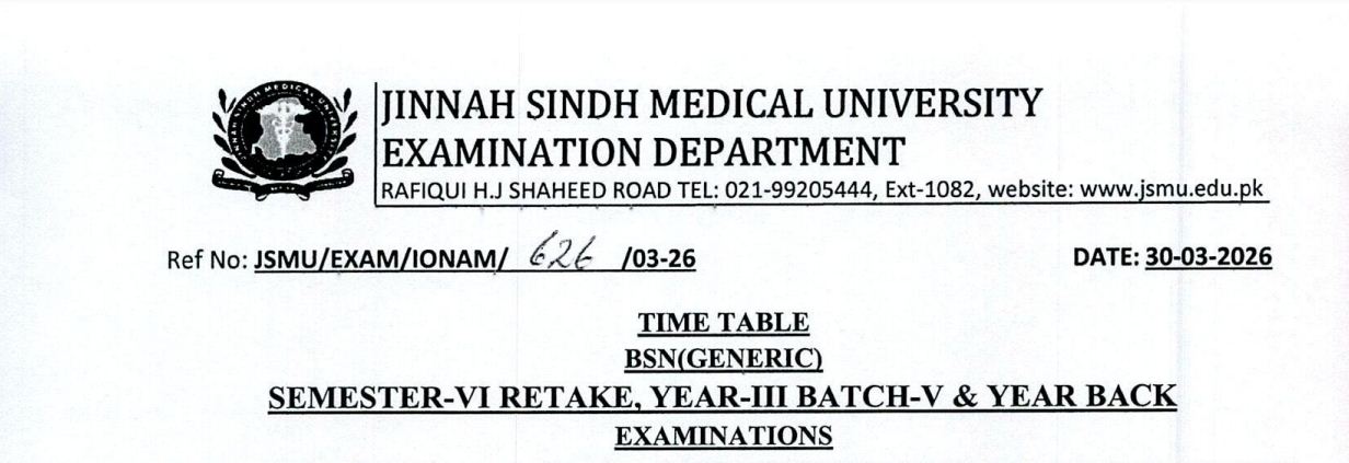 JSMU Date Sheet 2026 Released for BSN Semester VI Retake Exams