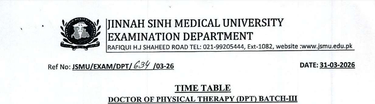 JSMU Time Table 2026 for DPT Exams Released