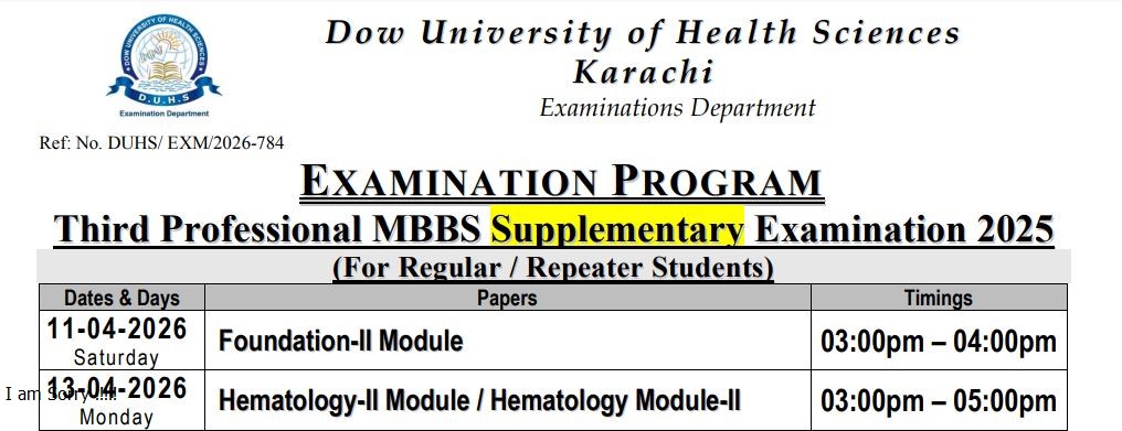 DUHS MBBS 3rd Prof Supplementary Date Sheet 2026 Released