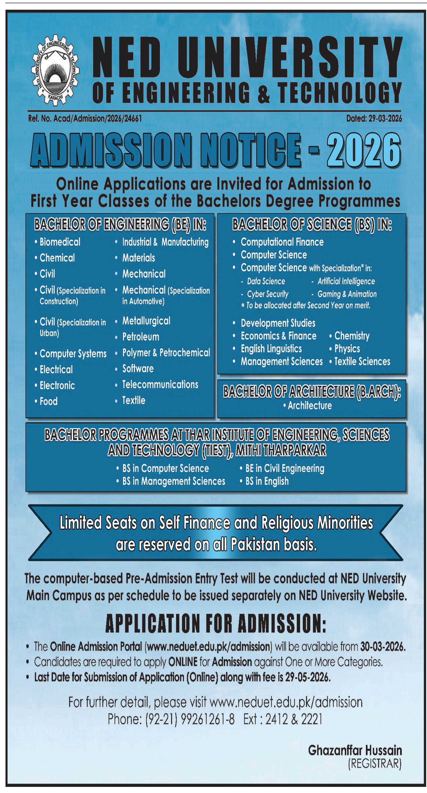 NED University of Engineering & Technology Undergraduate Admissions ...