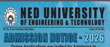 NED University of Engineering & Technology Undergraduate Admissions 2026 Open